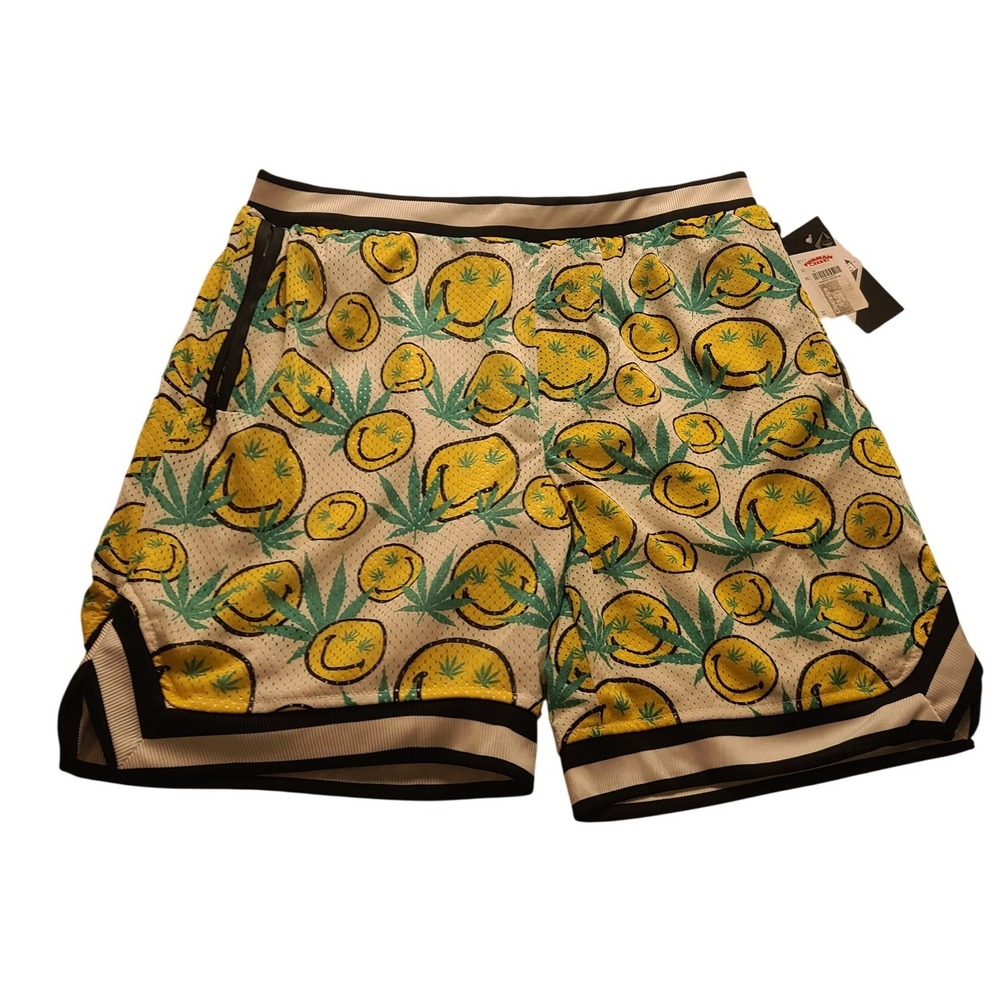 G-Net‎ Men's XL Mesh Basketball Shorts Smiley Face Green Leaf Print White Yellow